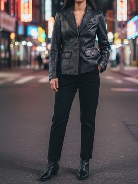 Vintage I.E. Relaxed Black 100% Leather Blazer Jacket Large Cinched Waist Y2K
